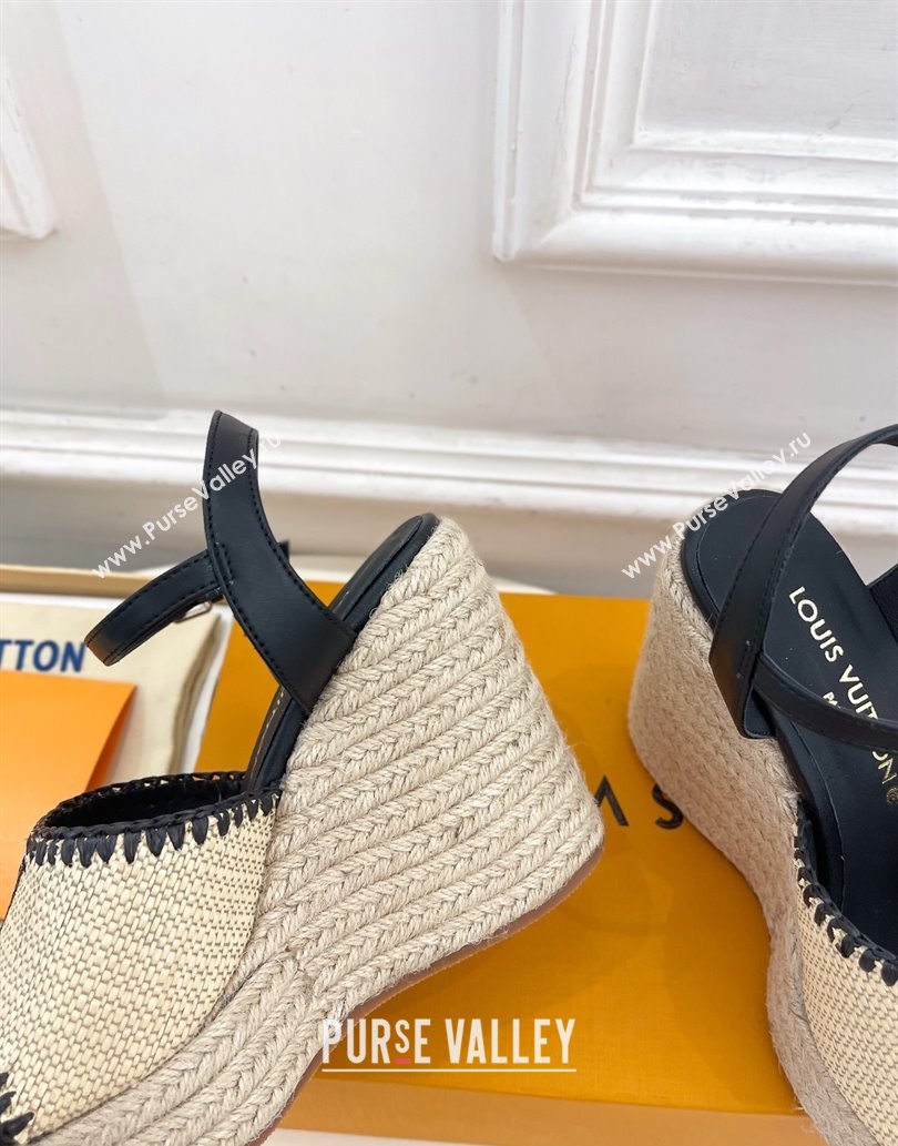 Louis Vuitton Starboard Wedge Platform Sandals 12cm in LV Raffia and Leather Black 2025 (MD-250609025)