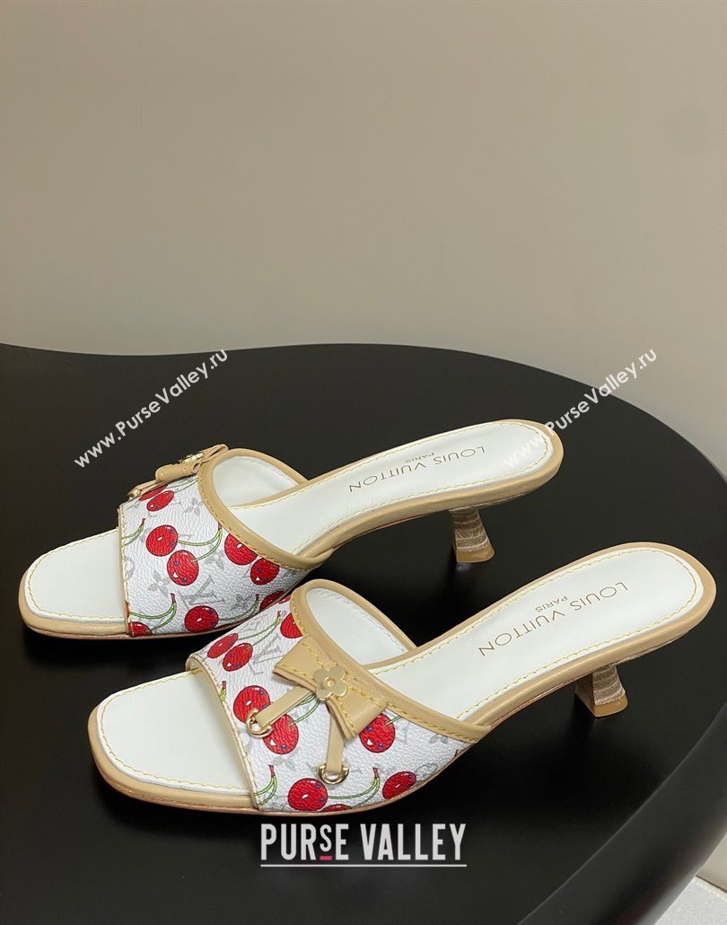 Louis Vuitton LV x TM Heel Slides Sandal 3cm in Leather with Luscious Cherry with Bow White 2025 (MD-250607019)
