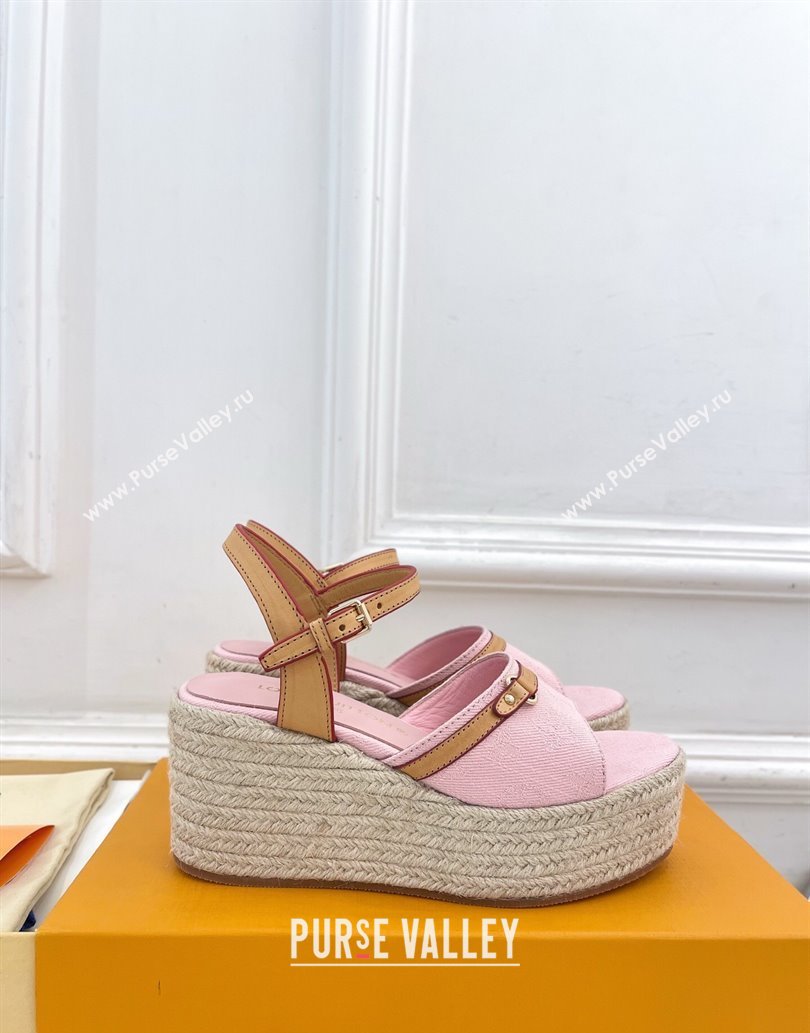 Louis Vuitton 6AM Wedge Platform Sandals 8cm in Monogram Denim Pink 2025 (MD-250609029)