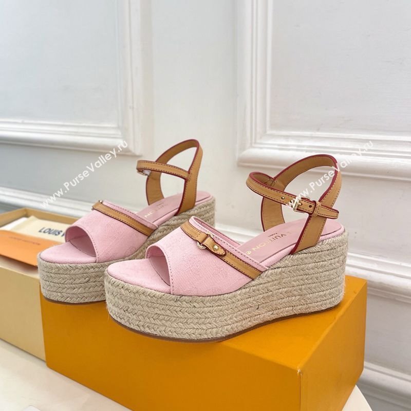 Louis Vuitton 6AM Wedge Platform Sandals 8cm in Monogram Denim Pink 2025 (MD-250609029)