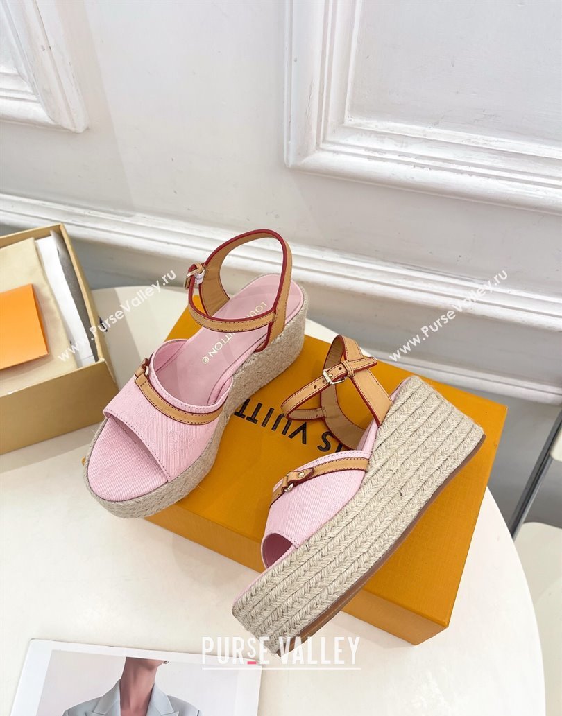 Louis Vuitton 6AM Wedge Platform Sandals 8cm in Monogram Denim Pink 2025 (MD-250609029)
