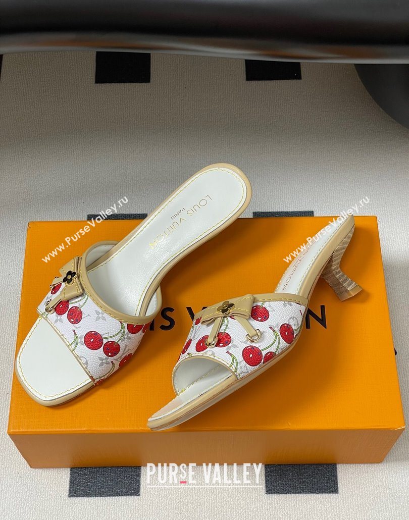 Louis Vuitton LV x TM Heel Slides Sandal 3cm in Leather with Luscious Cherry with Bow White 2025 (MD-250607019)