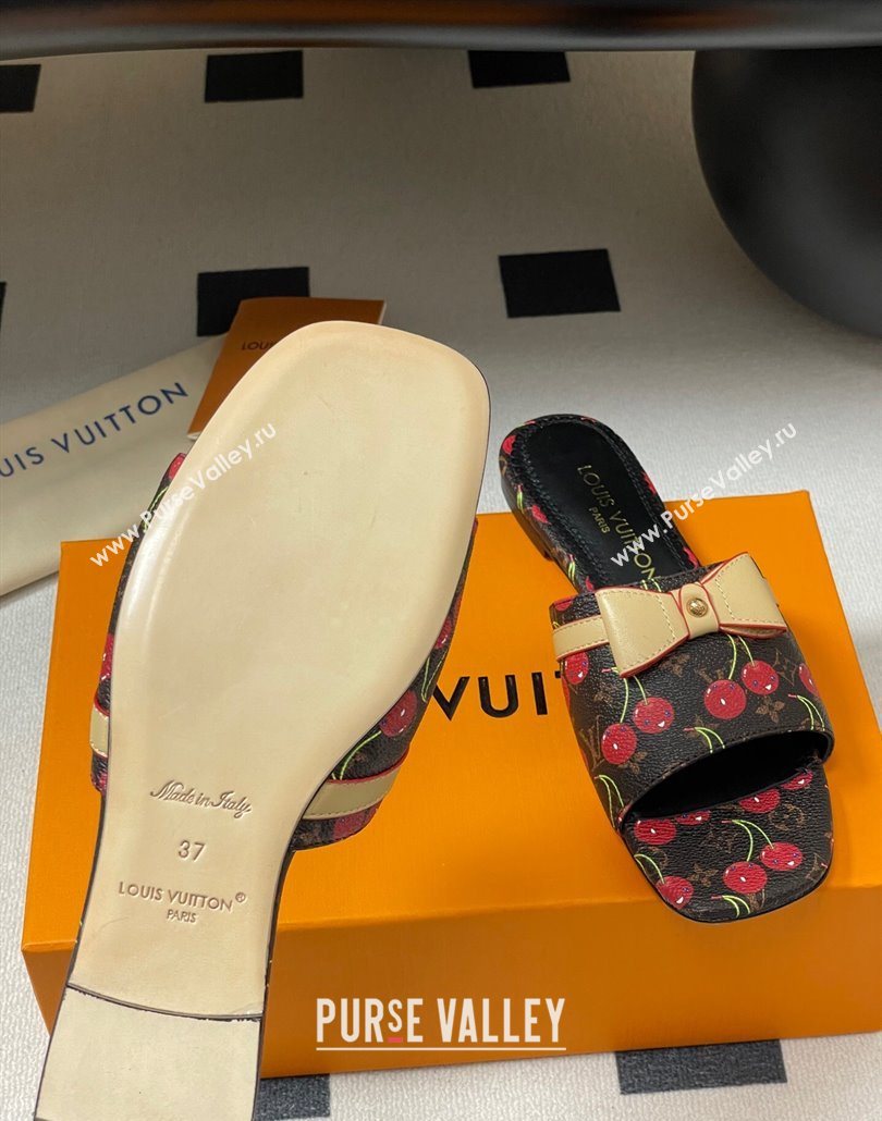 Louis Vuitton LV x TM Neo 6AM Flat Slides Sandal in Leather with Luscious Cherry and Bow Black 2025 (MD-250607010)