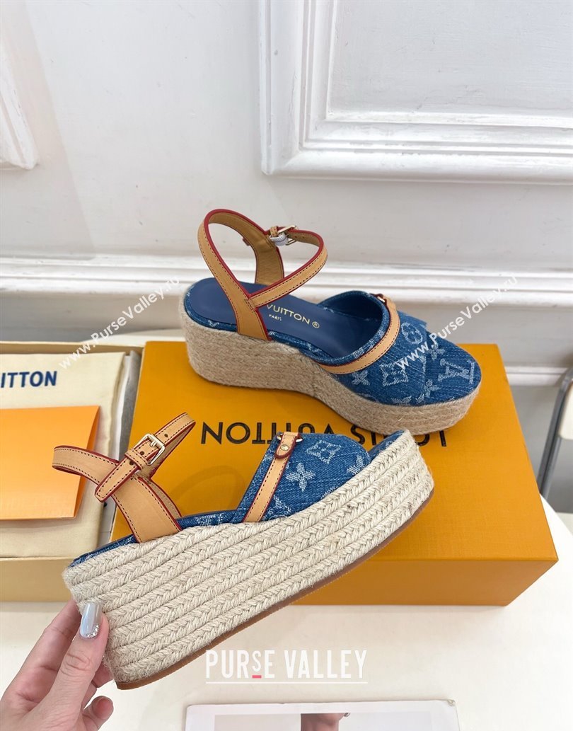 Louis Vuitton 6AM Wedge Platform Sandals 8cm in Monogram Denim Blue 2025 (MD-250609030)