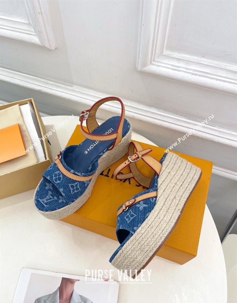 Louis Vuitton 6AM Wedge Platform Sandals 8cm in Monogram Denim Blue 2025 (MD-250609030)