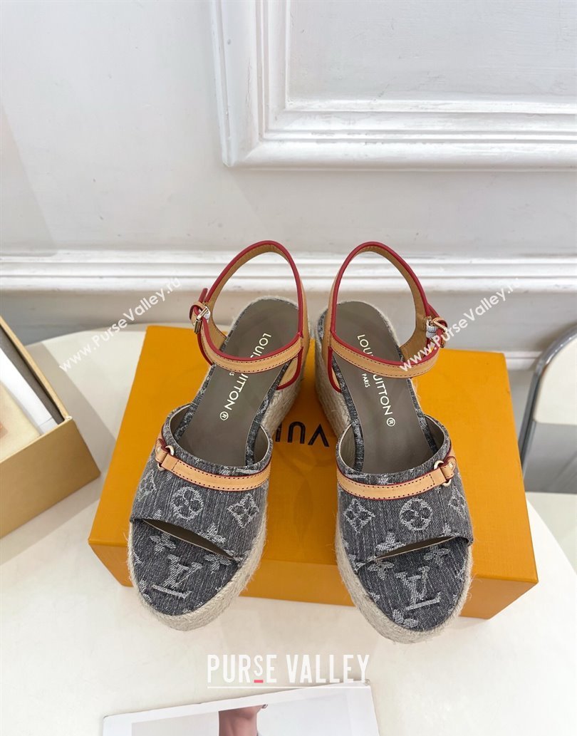 Louis Vuitton 6AM Wedge Platform Sandals 8cm in Monogram Denim Grey 2025 (MD-250609031)
