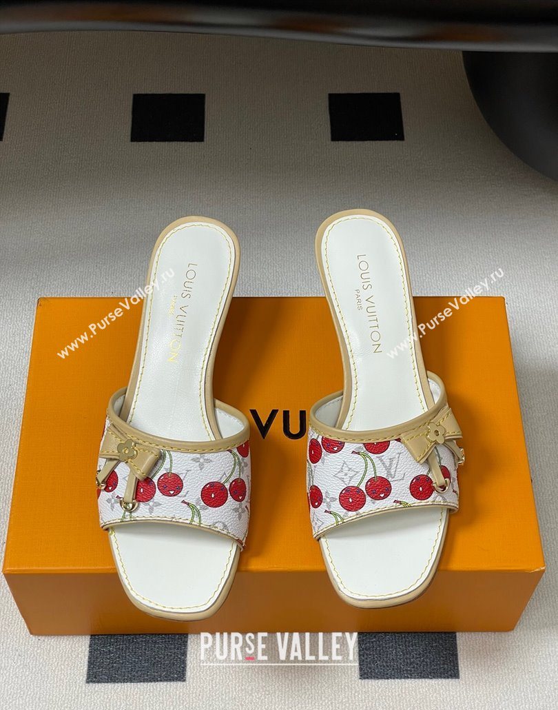 Louis Vuitton LV x TM Heel Slides Sandal 3cm in Leather with Luscious Cherry with Bow White 2025 (MD-250607019)