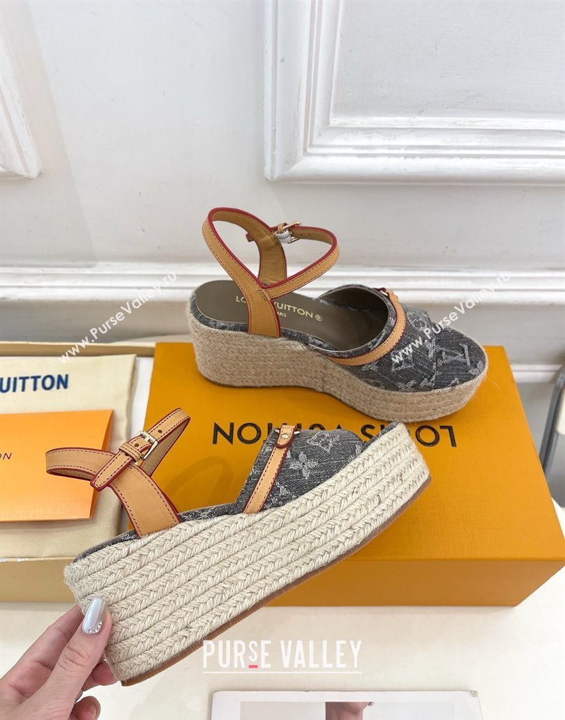 Louis Vuitton 6AM Wedge Platform Sandals 8cm in Monogram Denim Grey 2025 (MD-250609031)