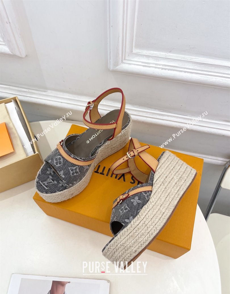Louis Vuitton 6AM Wedge Platform Sandals 8cm in Monogram Denim Grey 2025 (MD-250609031)