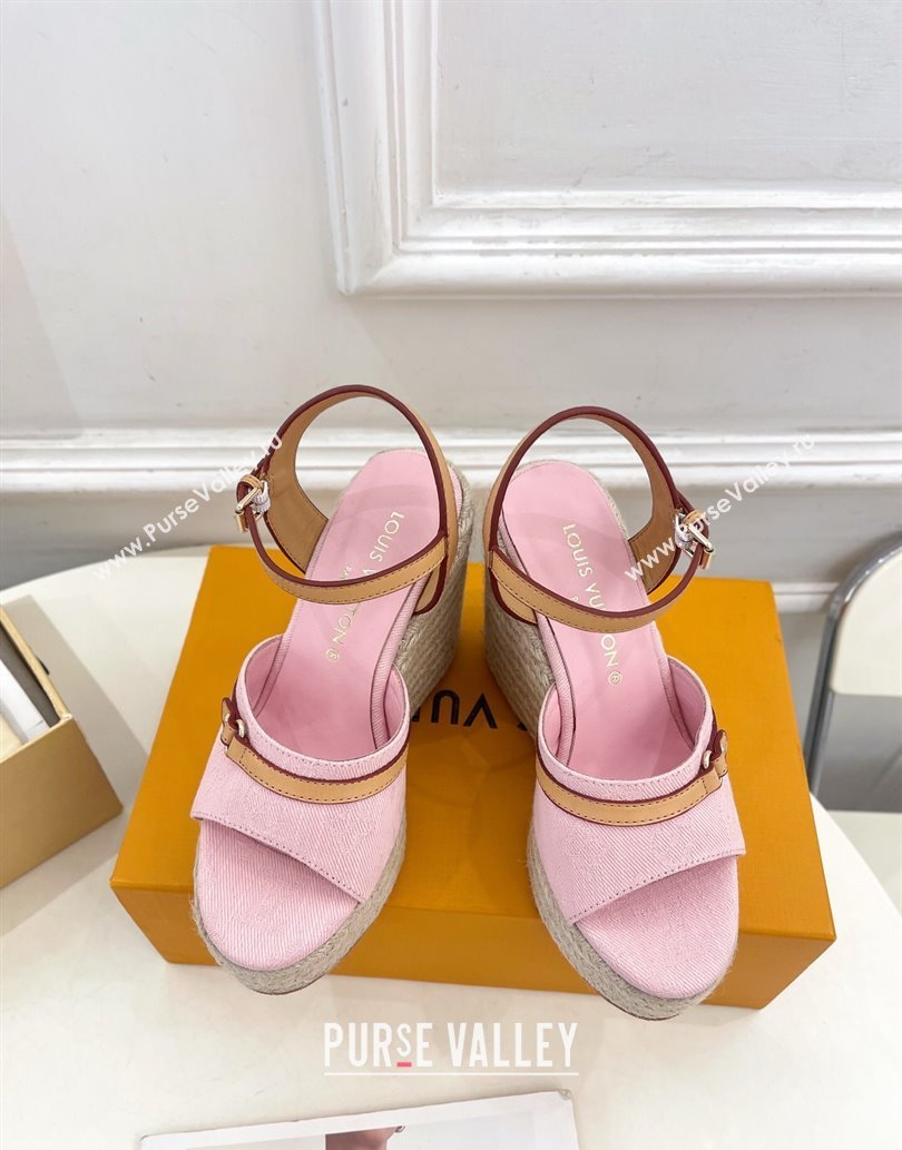 Louis Vuitton 6AM Wedge Platform Sandals 12cm in Monogram Denim Pink 2025 (MD-250609026)