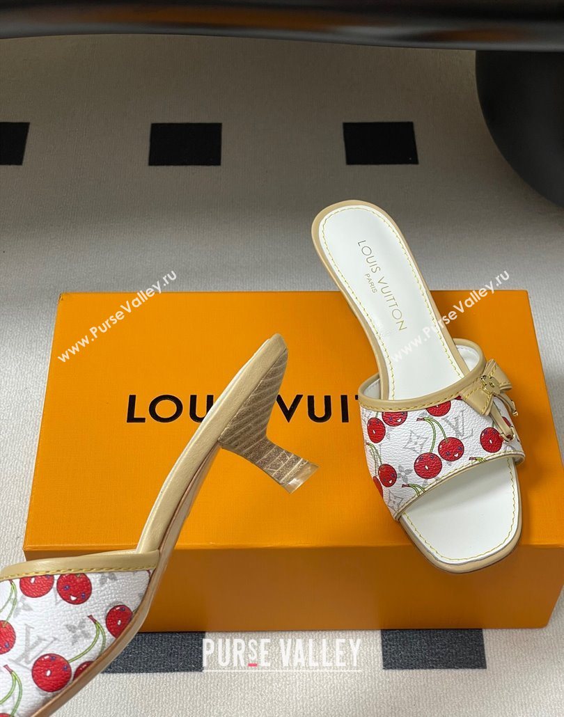 Louis Vuitton LV x TM Heel Slides Sandal 3cm in Leather with Luscious Cherry with Bow White 2025 (MD-250607019)