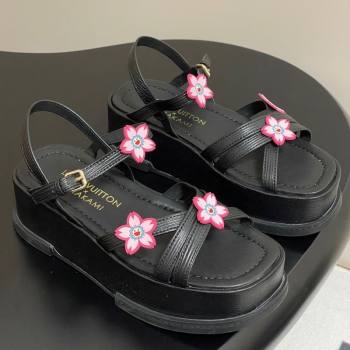 Louis Vuitton Maya Flatform Sandals 5cm in Leather with Cherry Bloom Charm Black 2025 (MD-250607007)