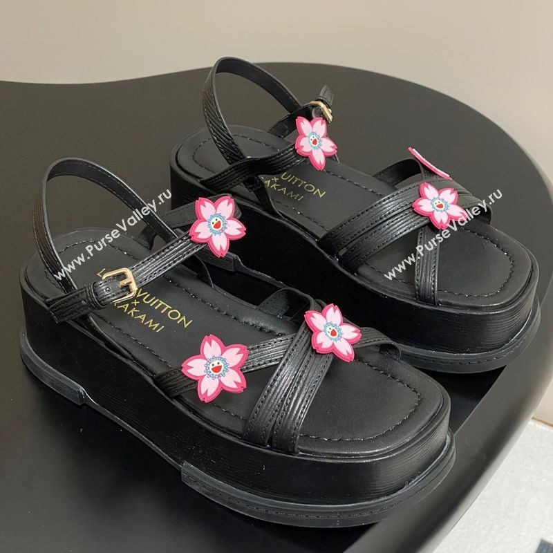 Louis Vuitton Maya Flatform Sandals 5cm in Leather with Cherry Bloom Charm Black 2025 (MD-250607007)