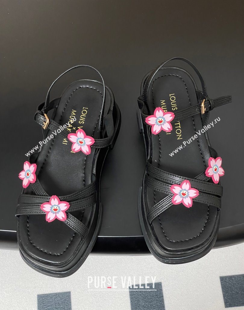 Louis Vuitton Maya Flatform Sandals 5cm in Leather with Cherry Bloom Charm Black 2025 (MD-250607007)