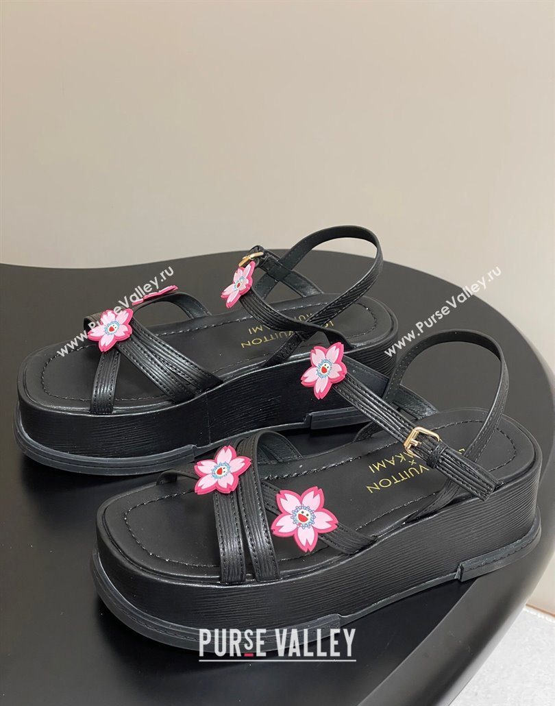 Louis Vuitton Maya Flatform Sandals 5cm in Leather with Cherry Bloom Charm Black 2025 (MD-250607007)