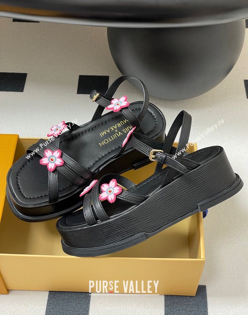 Louis Vuitton Maya Flatform Sandals 5cm in Leather with Cherry Bloom Charm Black 2025 (MD-250607007)