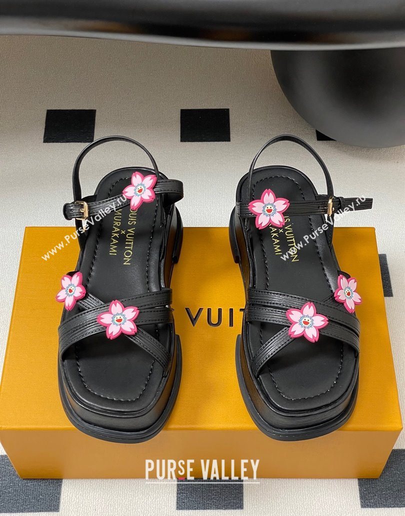 Louis Vuitton Maya Flatform Sandals 5cm in Leather with Cherry Bloom Charm Black 2025 (MD-250607007)