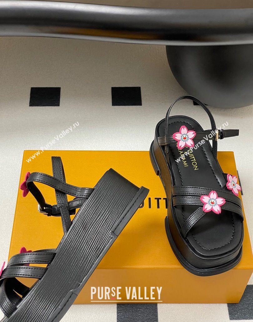 Louis Vuitton Maya Flatform Sandals 5cm in Leather with Cherry Bloom Charm Black 2025 (MD-250607007)