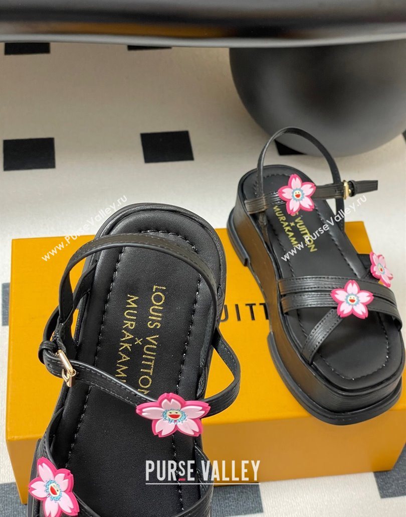 Louis Vuitton Maya Flatform Sandals 5cm in Leather with Cherry Bloom Charm Black 2025 (MD-250607007)