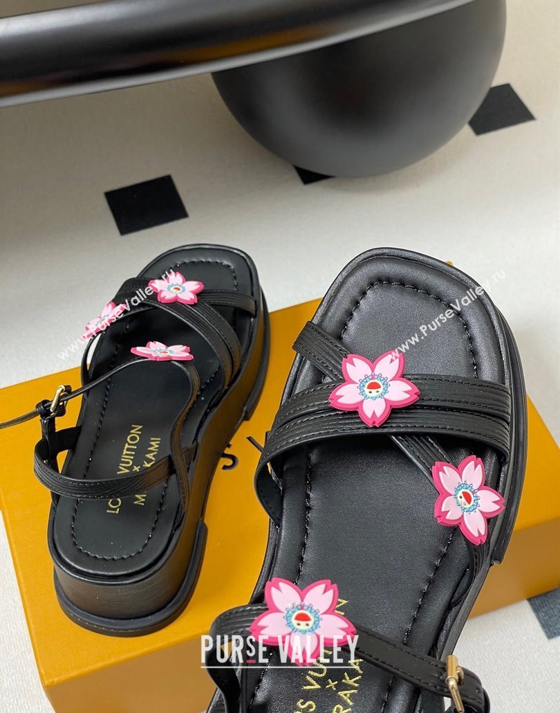 Louis Vuitton Maya Flatform Sandals 5cm in Leather with Cherry Bloom Charm Black 2025 (MD-250607007)