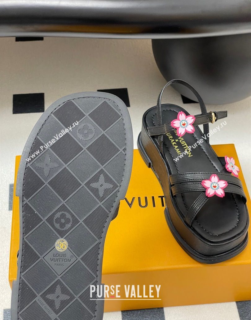 Louis Vuitton Maya Flatform Sandals 5cm in Leather with Cherry Bloom Charm Black 2025 (MD-250607007)