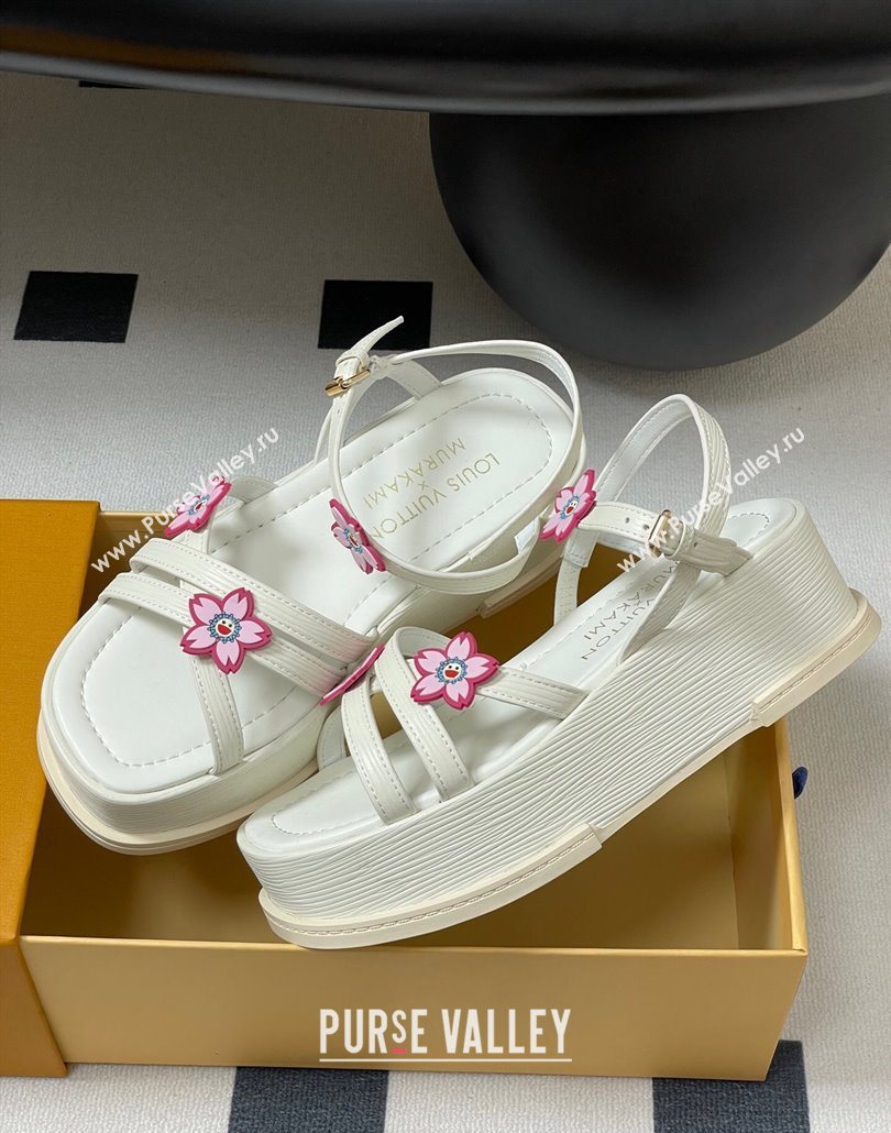 Louis Vuitton Maya Flatform Sandals 5cm in Leather with Cherry Bloom Charm White 2025 (MD-250607008)