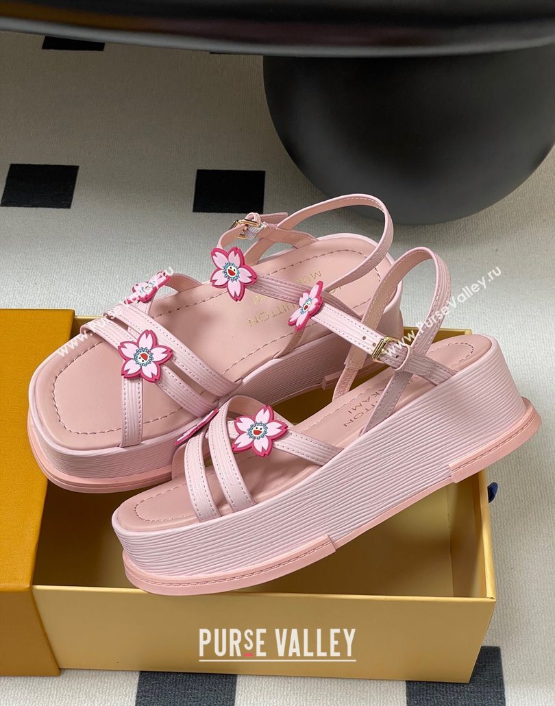 Louis Vuitton Maya Flatform Sandals 5cm in Leather with Cherry Bloom Charm Pink 2025 (MD-250607009)