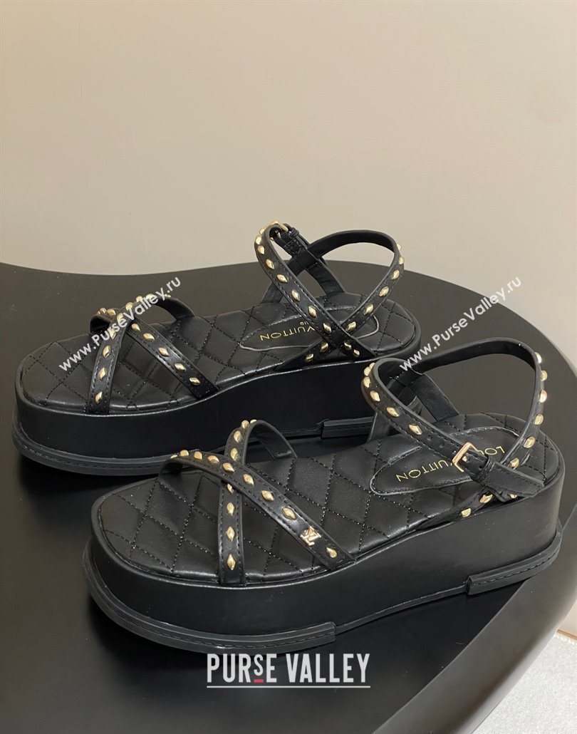 Louis Vuitton Maya Platform Crisscross Sandals 5cm in Leather and Studs Black 2025 (MD-250607076)