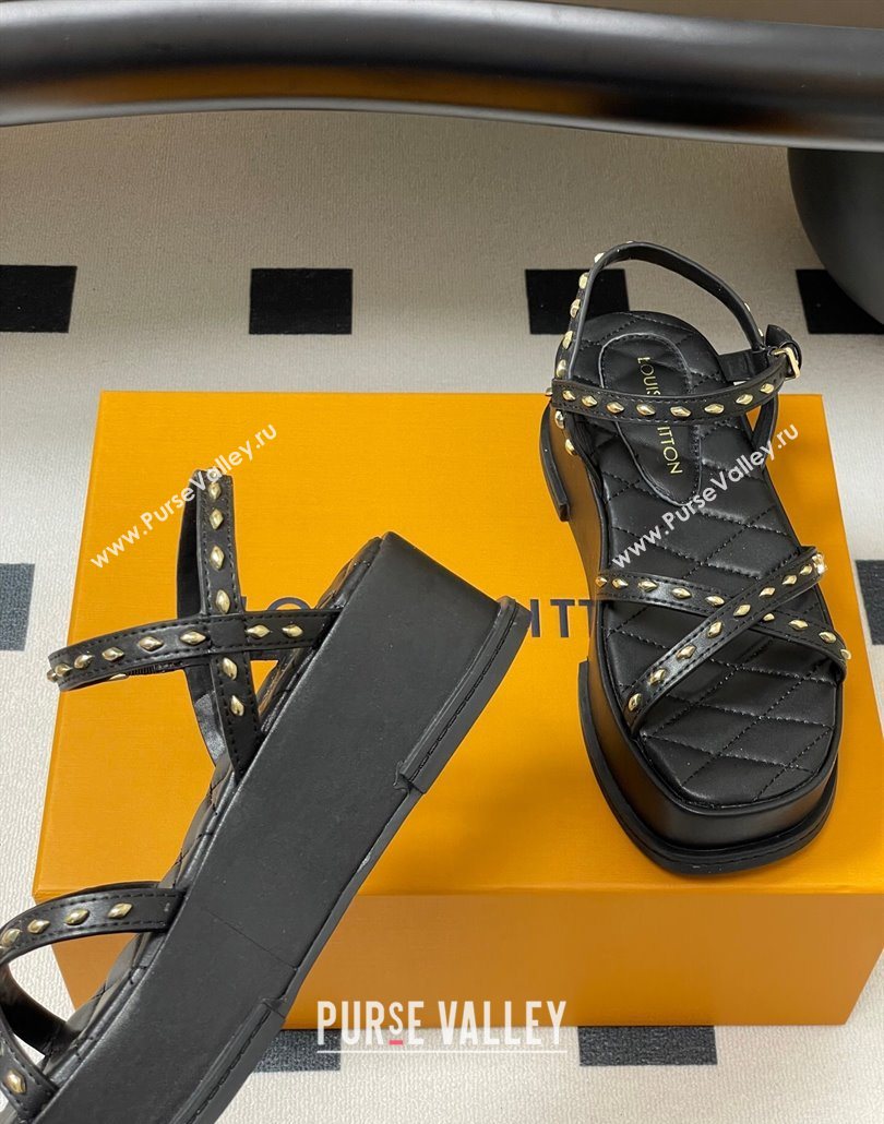 Louis Vuitton Maya Platform Crisscross Sandals 5cm in Leather and Studs Black 2025 (MD-250607076)