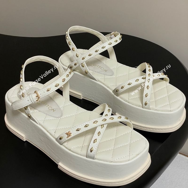 Louis Vuitton Maya Platform Crisscross Sandals 5cm in Leather and Studs White 2025 (MD-250607077)