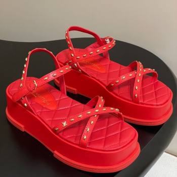 Louis Vuitton Maya Platform Crisscross Sandals 5cm in Leather and Studs Red 2025 (MD-250607078)