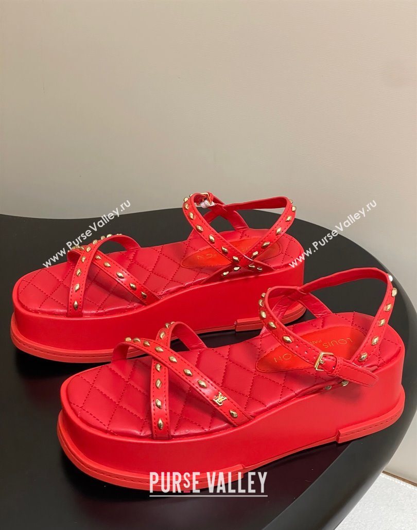 Louis Vuitton Maya Platform Crisscross Sandals 5cm in Leather and Studs Red 2025 (MD-250607078)