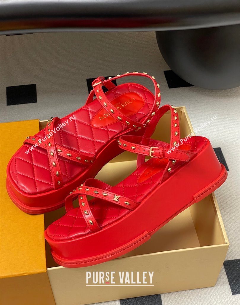 Louis Vuitton Maya Platform Crisscross Sandals 5cm in Leather and Studs Red 2025 (MD-250607078)