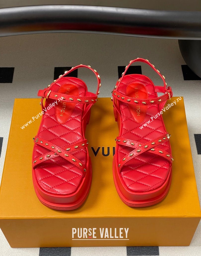 Louis Vuitton Maya Platform Crisscross Sandals 5cm in Leather and Studs Red 2025 (MD-250607078)