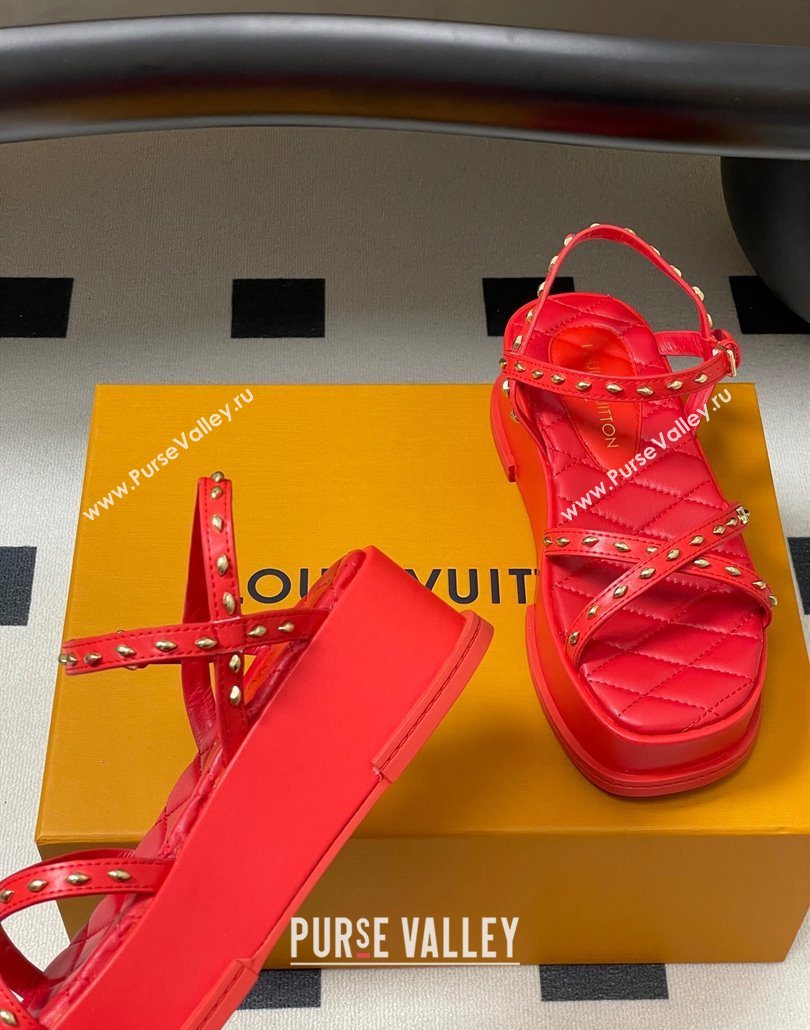 Louis Vuitton Maya Platform Crisscross Sandals 5cm in Leather and Studs Red 2025 (MD-250607078)