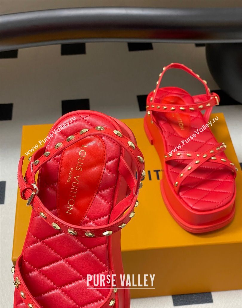 Louis Vuitton Maya Platform Crisscross Sandals 5cm in Leather and Studs Red 2025 (MD-250607078)