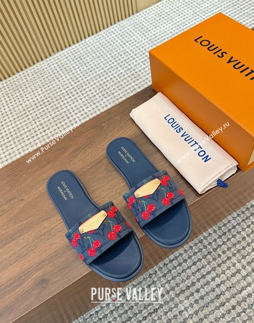 Louis Vuitton LV x TM Lily Flat Slides Sandal in Denim with Luscious Cherry Dark Blue 2025 0607 (MD-250607030)