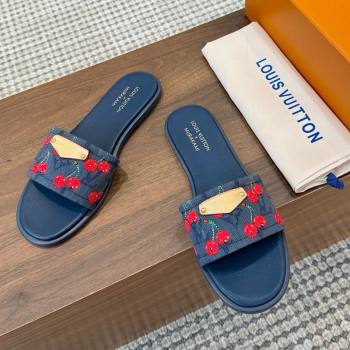 Louis Vuitton LV x TM Lily Flat Slides Sandal in Denim with Luscious Cherry Dark Blue 2025 0607 (MD-250607030)
