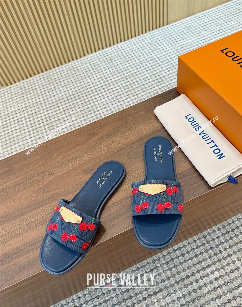 Louis Vuitton LV x TM Lily Flat Slides Sandal in Denim with Luscious Cherry Dark Blue 2025 0607 (MD-250607030)
