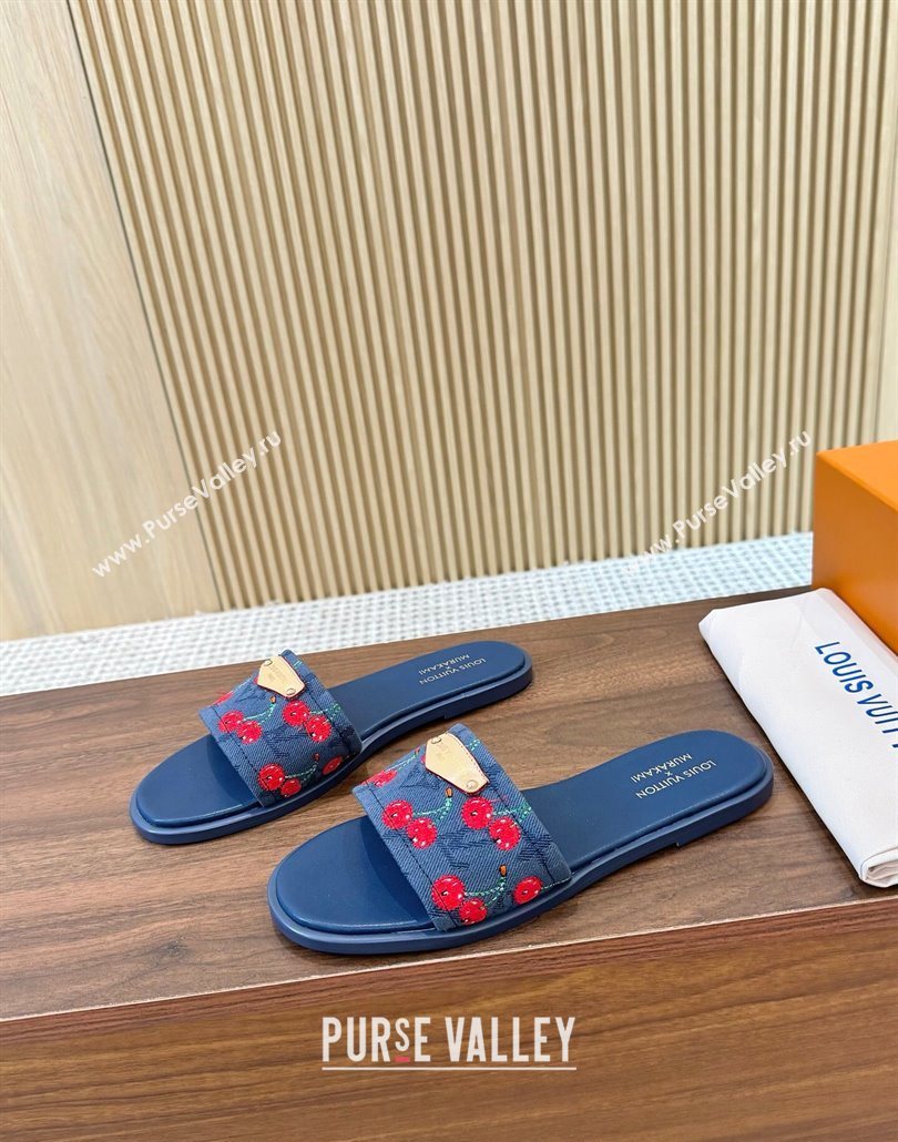 Louis Vuitton LV x TM Lily Flat Slides Sandal in Denim with Luscious Cherry Dark Blue 2025 0607 (MD-250607030)