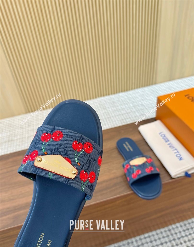Louis Vuitton LV x TM Lily Flat Slides Sandal in Denim with Luscious Cherry Dark Blue 2025 0607 (MD-250607030)