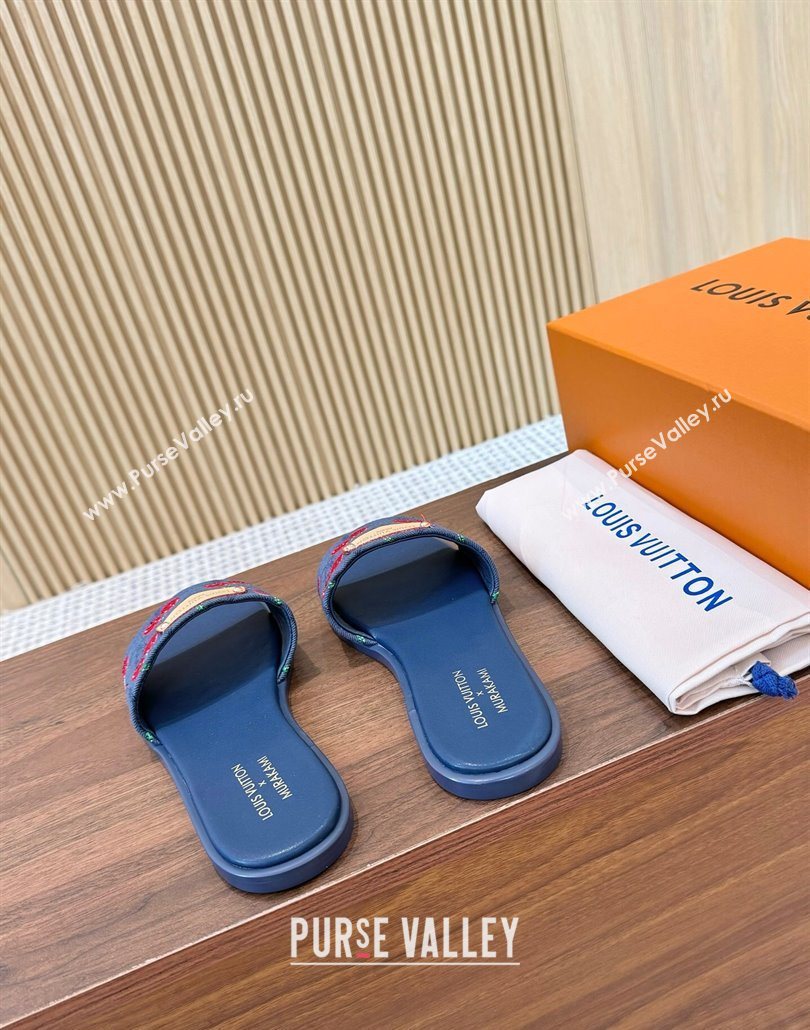 Louis Vuitton LV x TM Lily Flat Slides Sandal in Denim with Luscious Cherry Dark Blue 2025 0607 (MD-250607030)