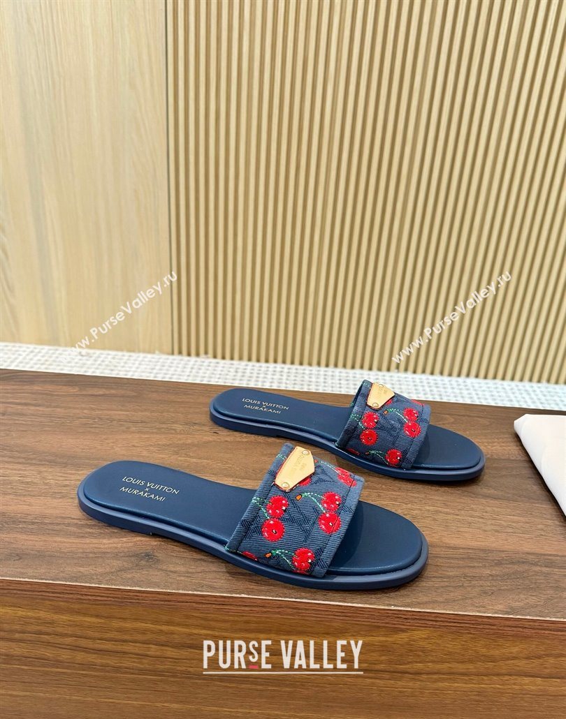 Louis Vuitton LV x TM Lily Flat Slides Sandal in Denim with Luscious Cherry Dark Blue 2025 0607 (MD-250607030)