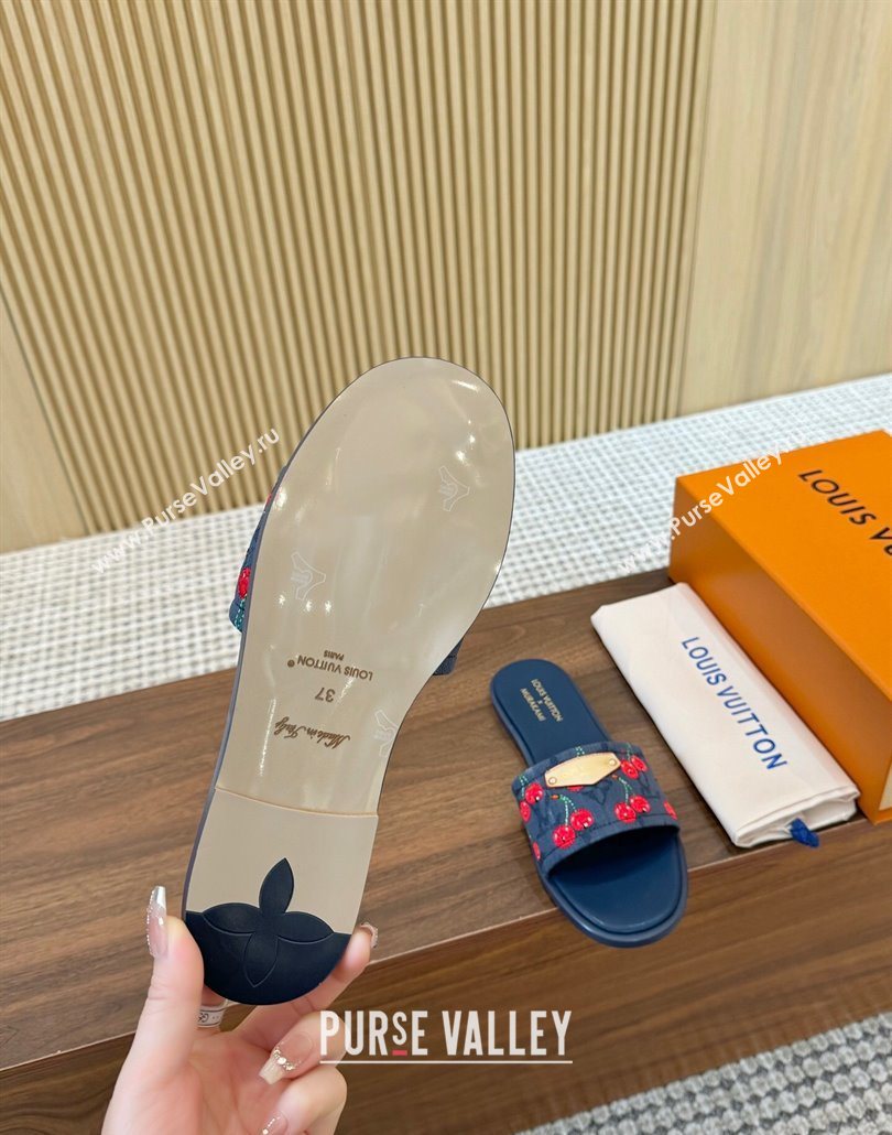 Louis Vuitton LV x TM Lily Flat Slides Sandal in Denim with Luscious Cherry Dark Blue 2025 0607 (MD-250607030)