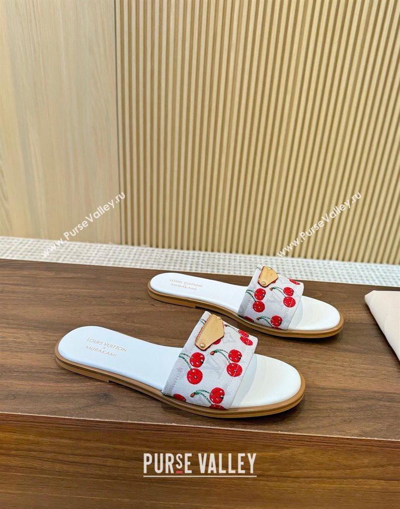 Louis Vuitton LV x TM Lily Flat Slides Sandal in Canvas with Luscious Cherry White 2025 0607 (MD-250607031)