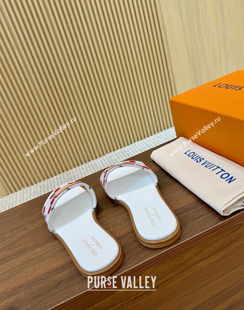 Louis Vuitton LV x TM Lily Flat Slides Sandal in Canvas with Luscious Cherry White 2025 0607 (MD-250607031)
