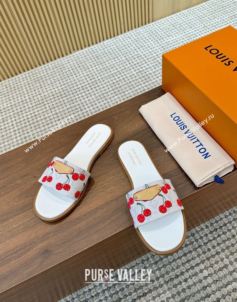 Louis Vuitton LV x TM Lily Flat Slides Sandal in Canvas with Luscious Cherry White 2025 0607 (MD-250607031)