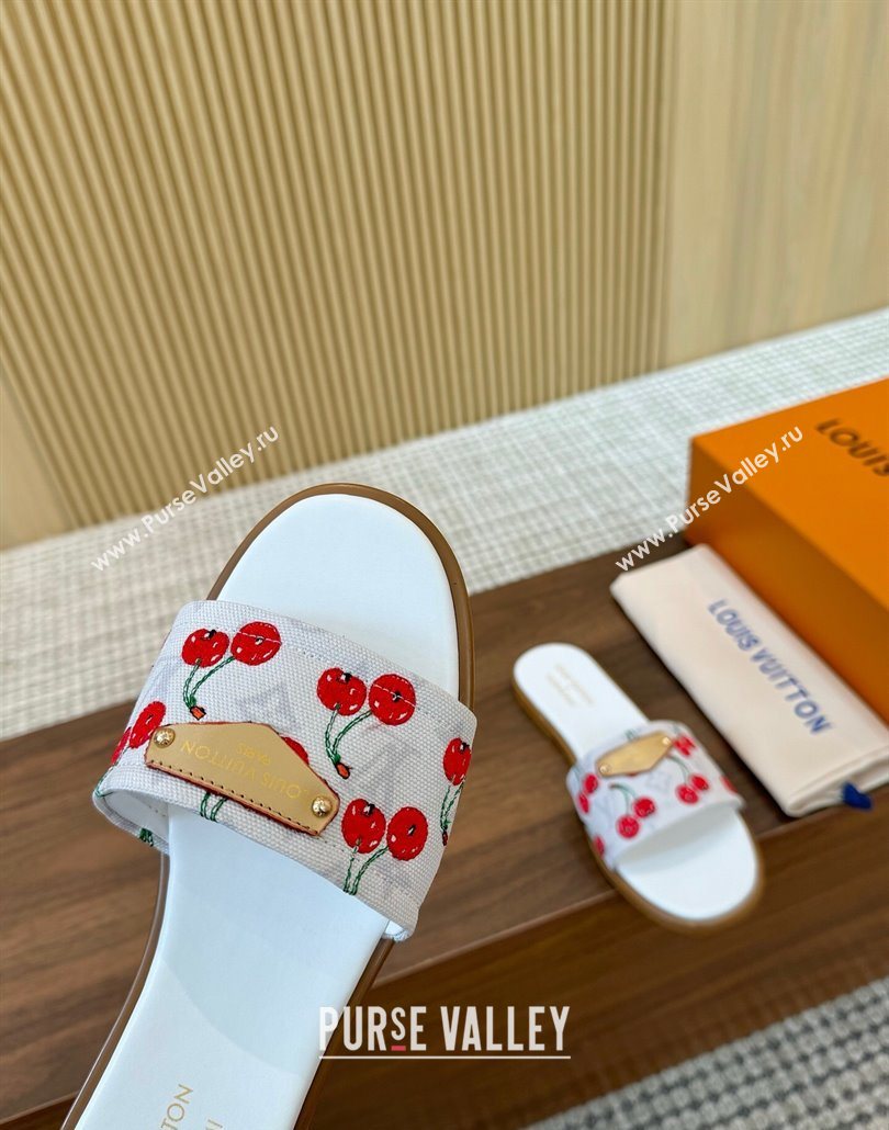 Louis Vuitton LV x TM Lily Flat Slides Sandal in Canvas with Luscious Cherry White 2025 0607 (MD-250607031)