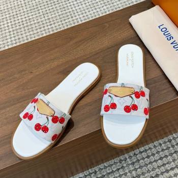 Louis Vuitton LV x TM Lily Flat Slides Sandal in Canvas with Luscious Cherry White 2025 0607 (MD-250607031)