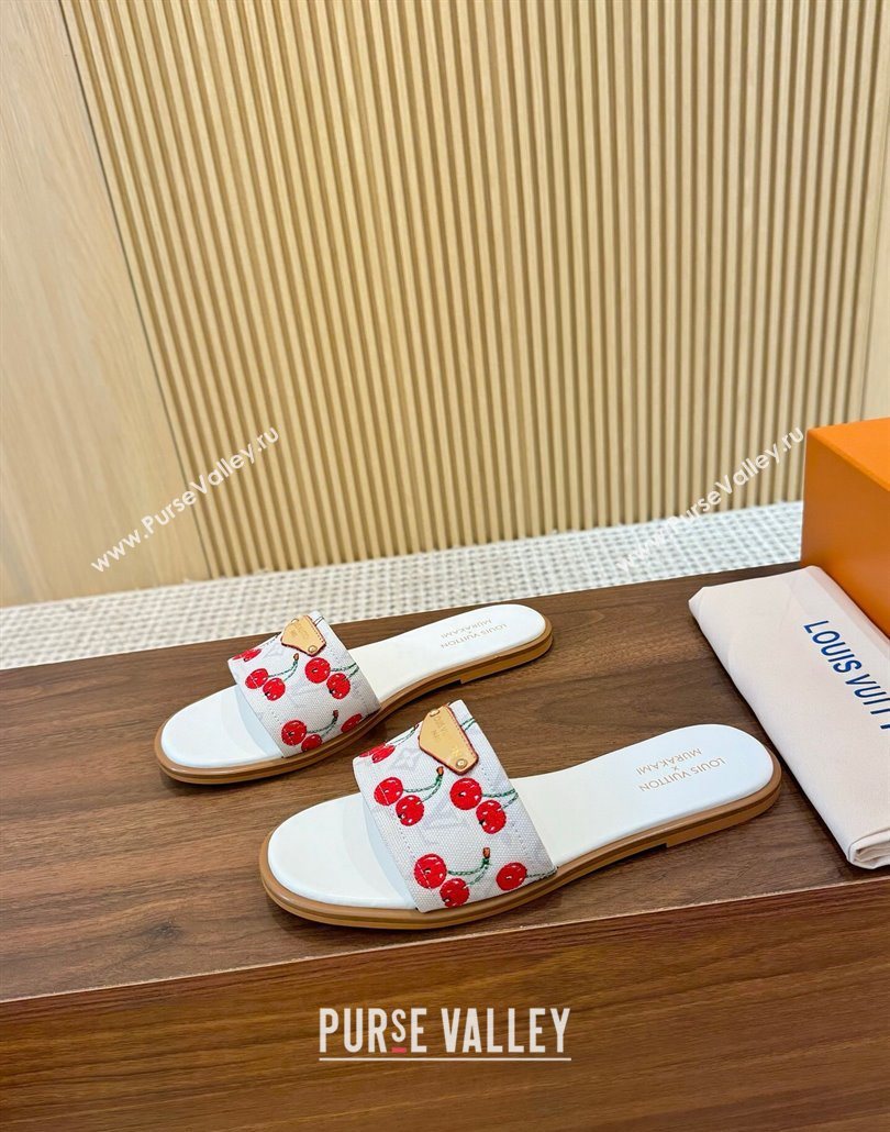 Louis Vuitton LV x TM Lily Flat Slides Sandal in Canvas with Luscious Cherry White 2025 0607 (MD-250607031)
